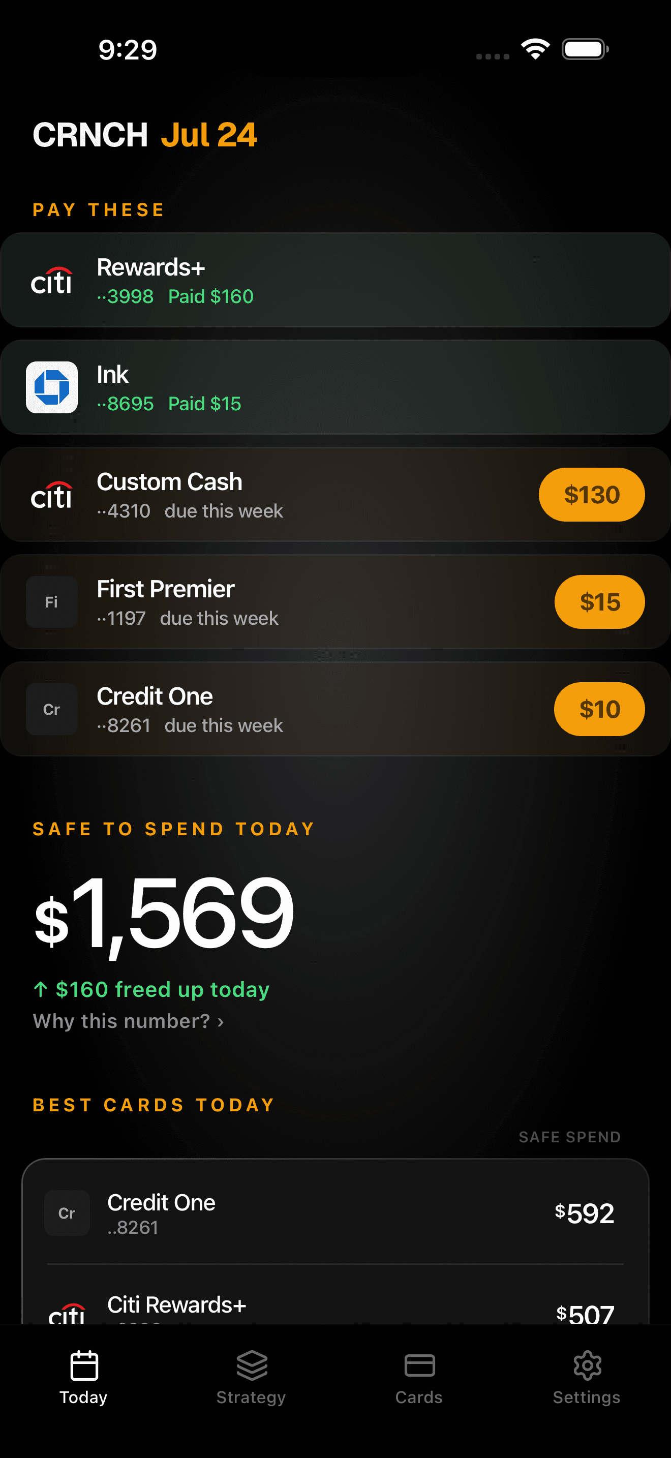 CRNCH Today screen showing the daily brief and safe-to-spend